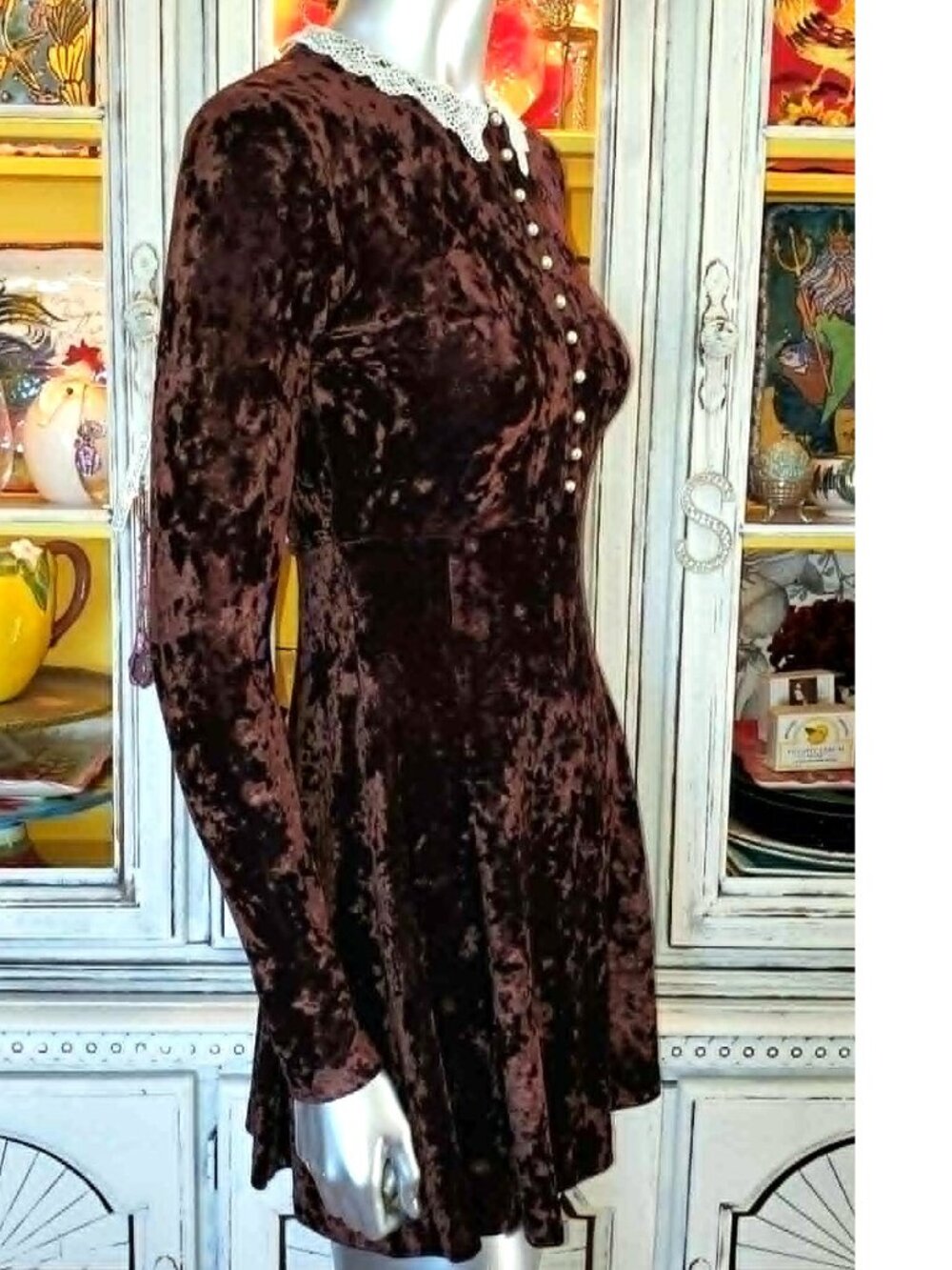 Vintage Betsey Johnson 90s Y2K Brown Crushed Velvet Victorian Pearl Skater Dress - Picture 4 of 15